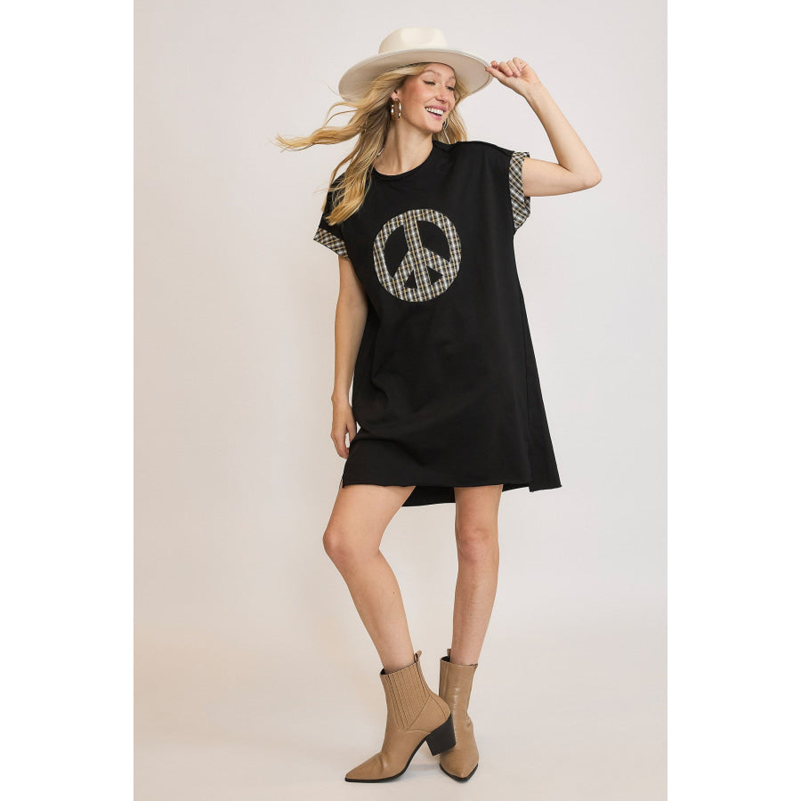 Umgee Peace Plaid Applique Short Sleeve Mini Dress Black / S Apparel and Accessories