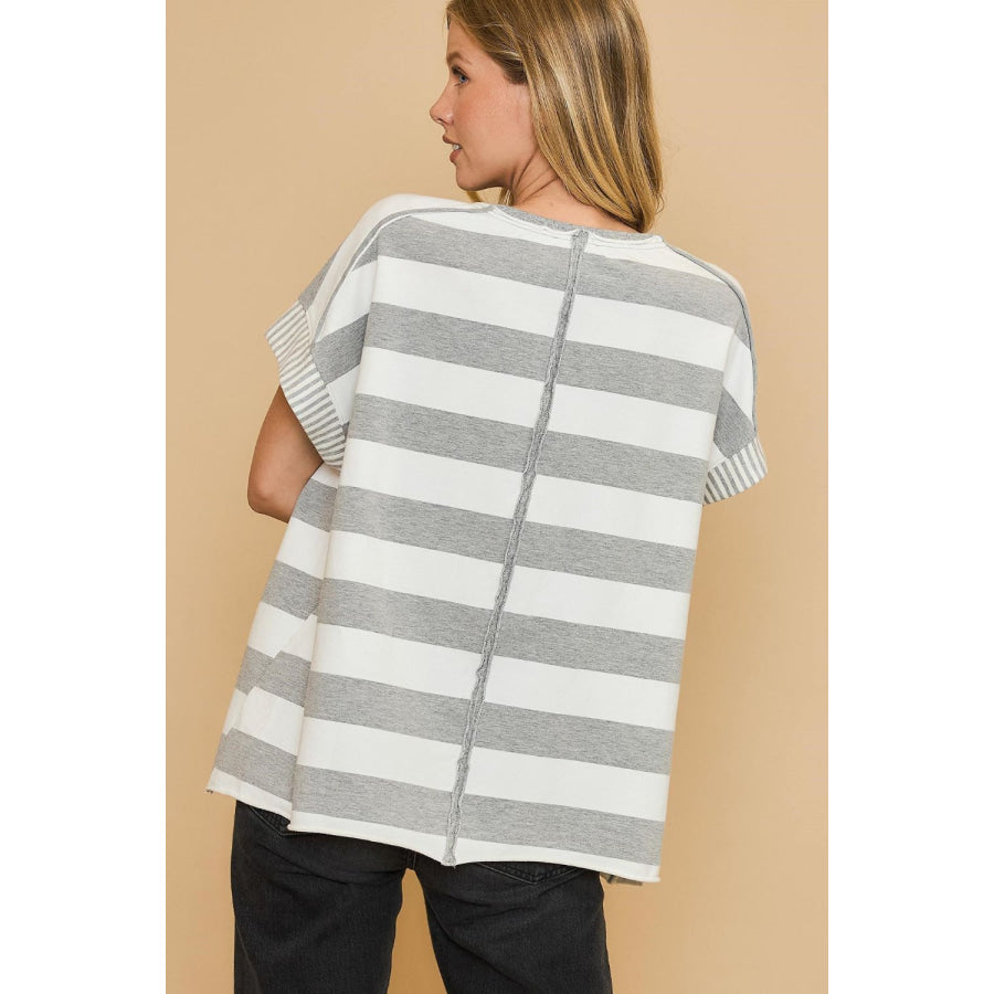 Umgee Peace Sign Patch Striped French Terry T-Shirt Gray / S Apparel and Accessories