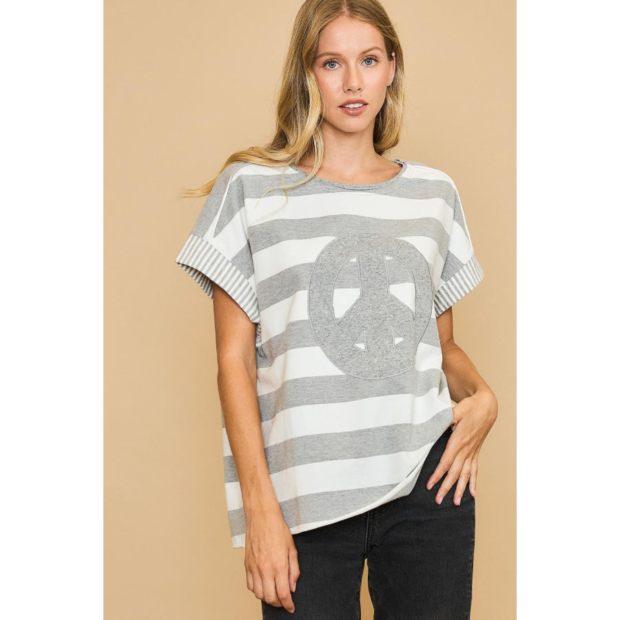 Umgee Peace Sign Patch Striped French Terry T-Shirt Apparel and Accessories