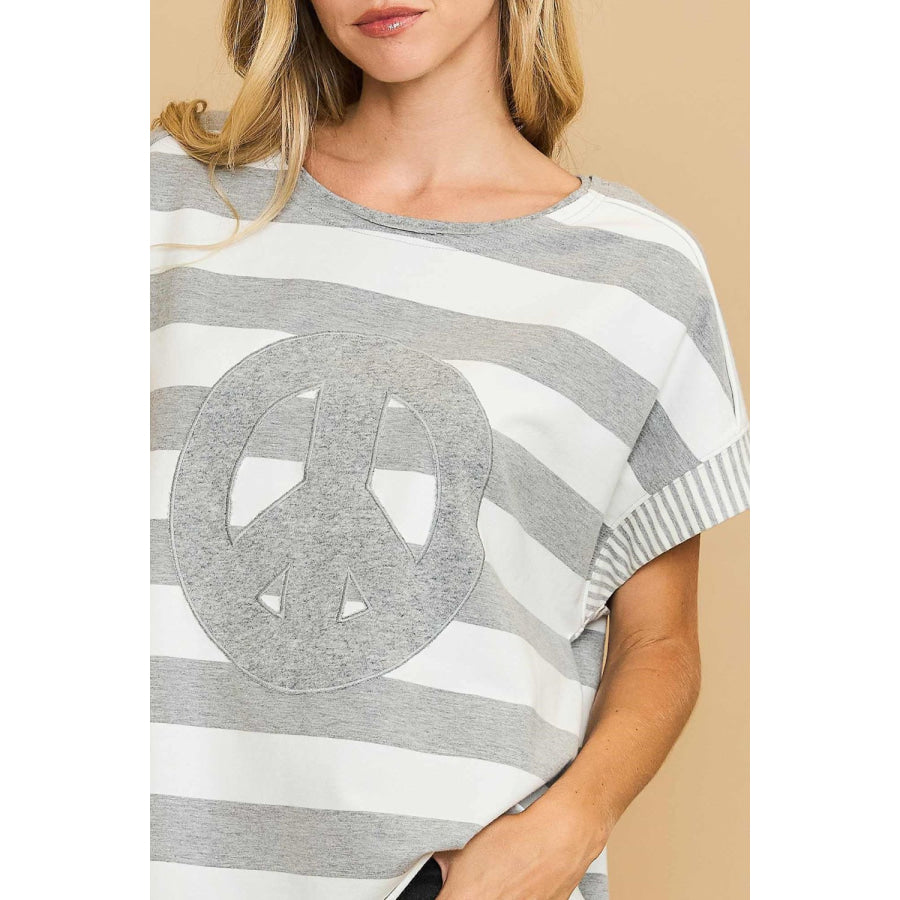 Umgee Peace Sign Patch Striped French Terry T-Shirt Apparel and Accessories