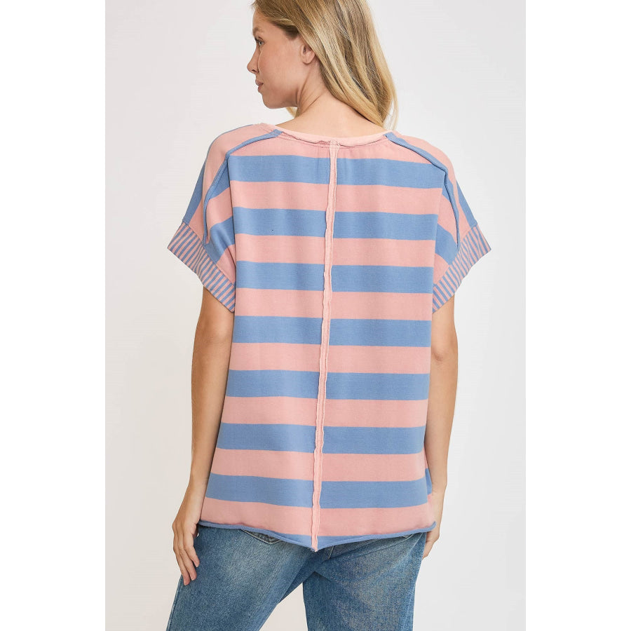 Umgee Peace Sign Patch Striped French Terry T-Shirt Dusty Blue / S Apparel and Accessories