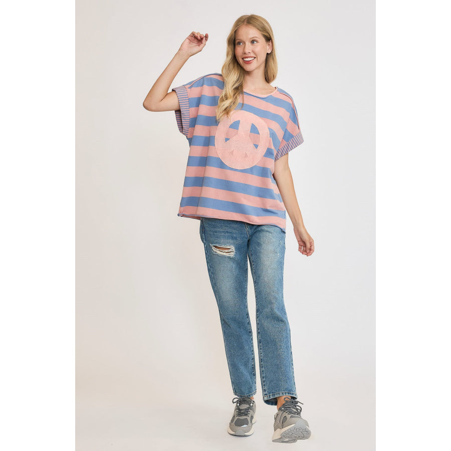 Umgee Peace Sign Patch Striped French Terry T-Shirt Apparel and Accessories