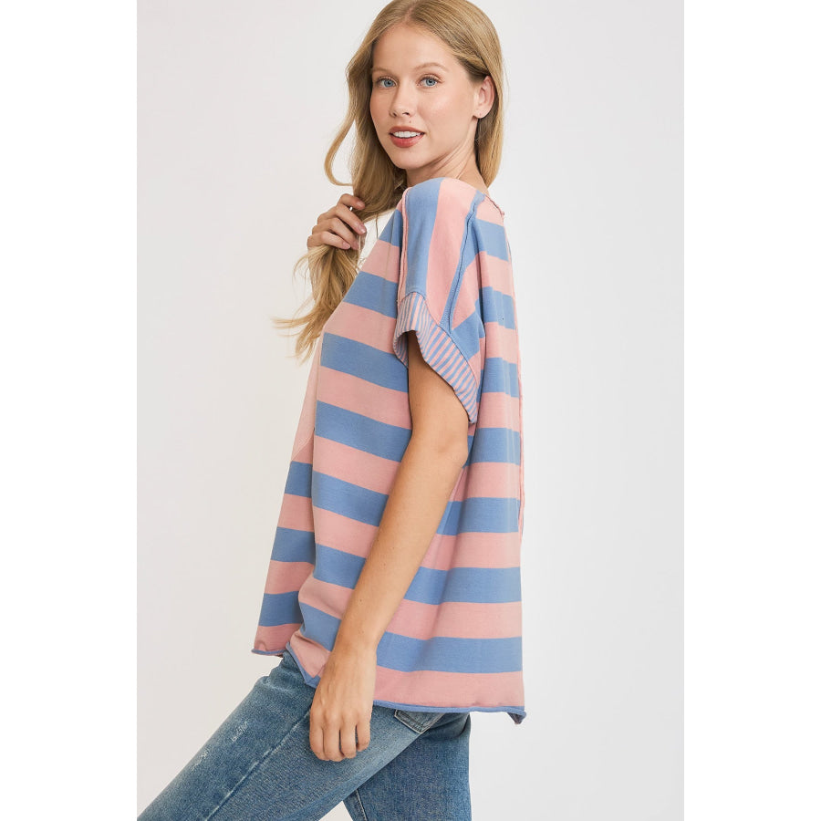 Umgee Peace Sign Patch Striped French Terry T-Shirt Apparel and Accessories