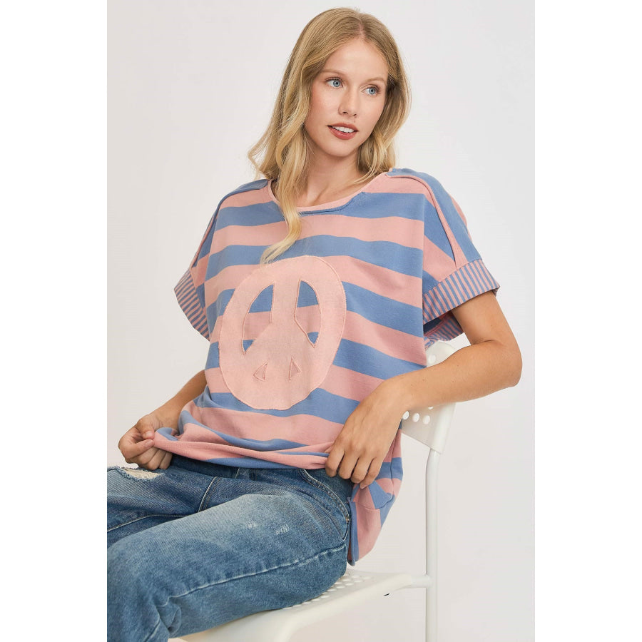 Umgee Peace Sign Patch Striped French Terry T-Shirt Dusty Blue / S Apparel and Accessories