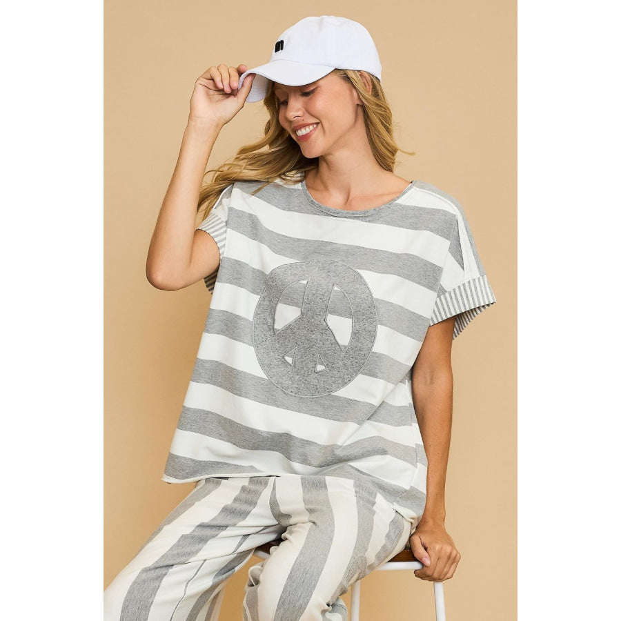 Umgee Peace Sign Patch Striped French Terry T-Shirt Gray / S Apparel and Accessories