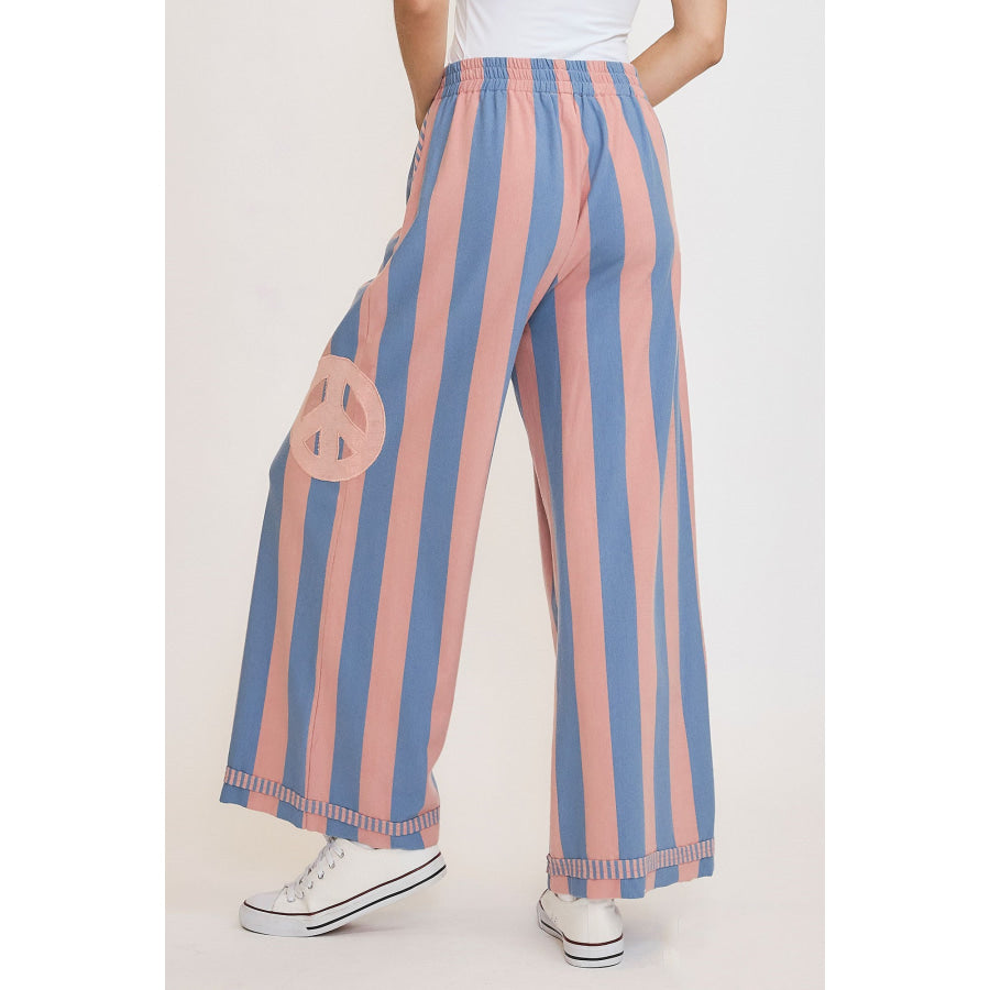 Umgee Peace Sign Patch Striped Wide Leg Pants Apparel and Accessories