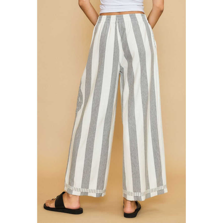 Umgee Peace Sign Patch Striped Wide Leg Pants Apparel and Accessories