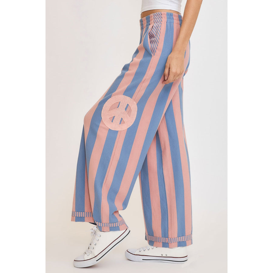 Umgee Peace Sign Patch Striped Wide Leg Pants Apparel and Accessories