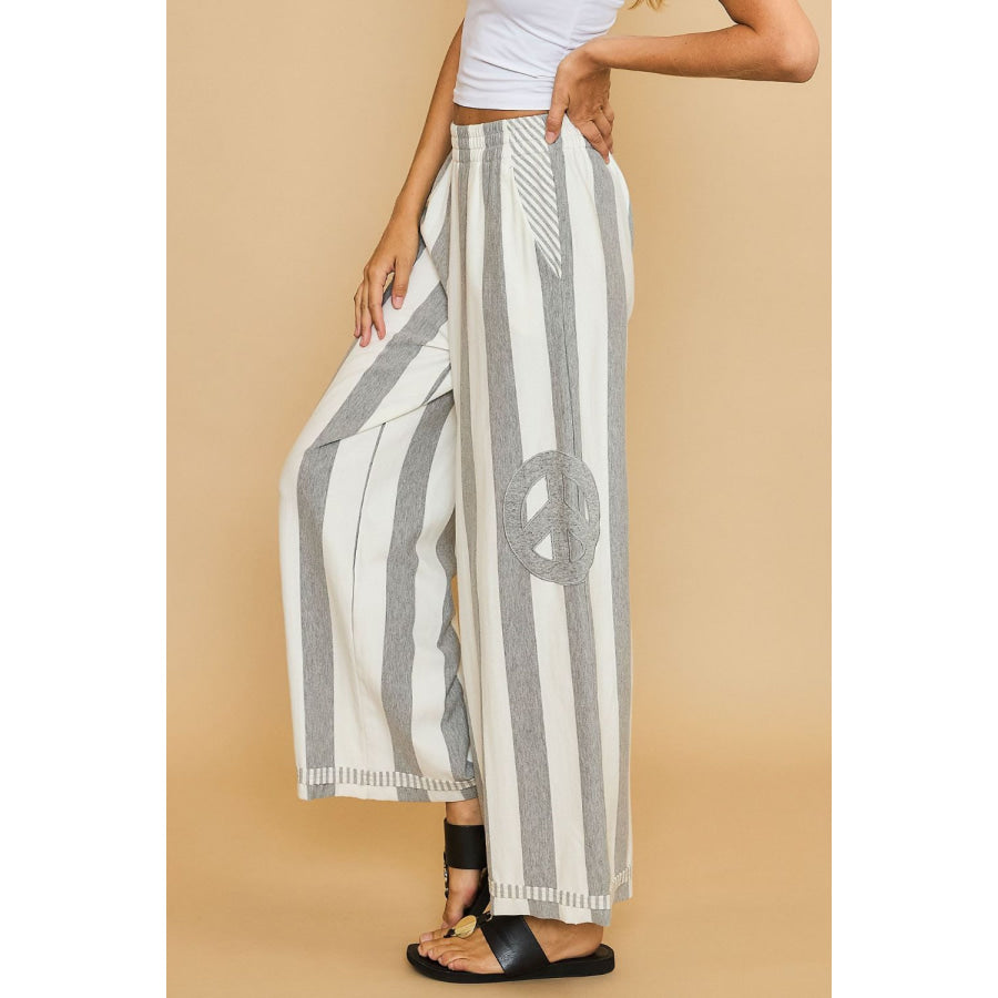 Umgee Peace Sign Patch Striped Wide Leg Pants Apparel and Accessories