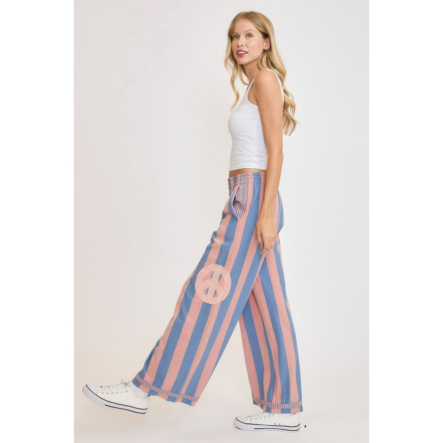 Umgee Peace Sign Patch Striped Wide Leg Pants Apparel and Accessories