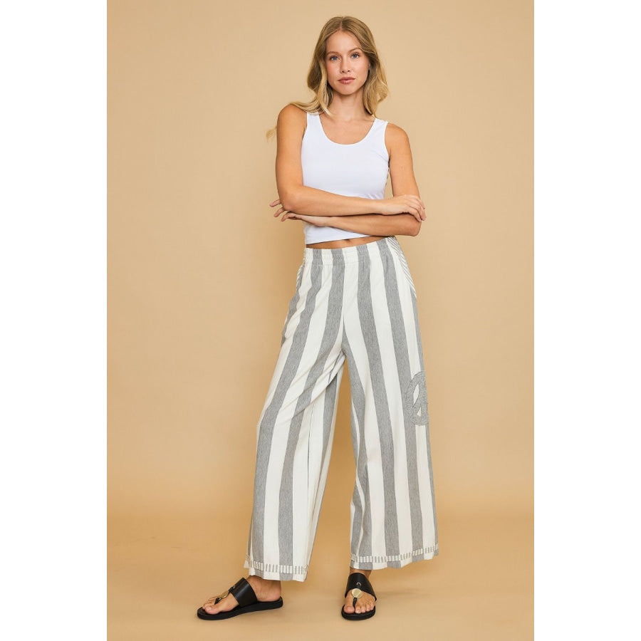 Umgee Peace Sign Patch Striped Wide Leg Pants Apparel and Accessories