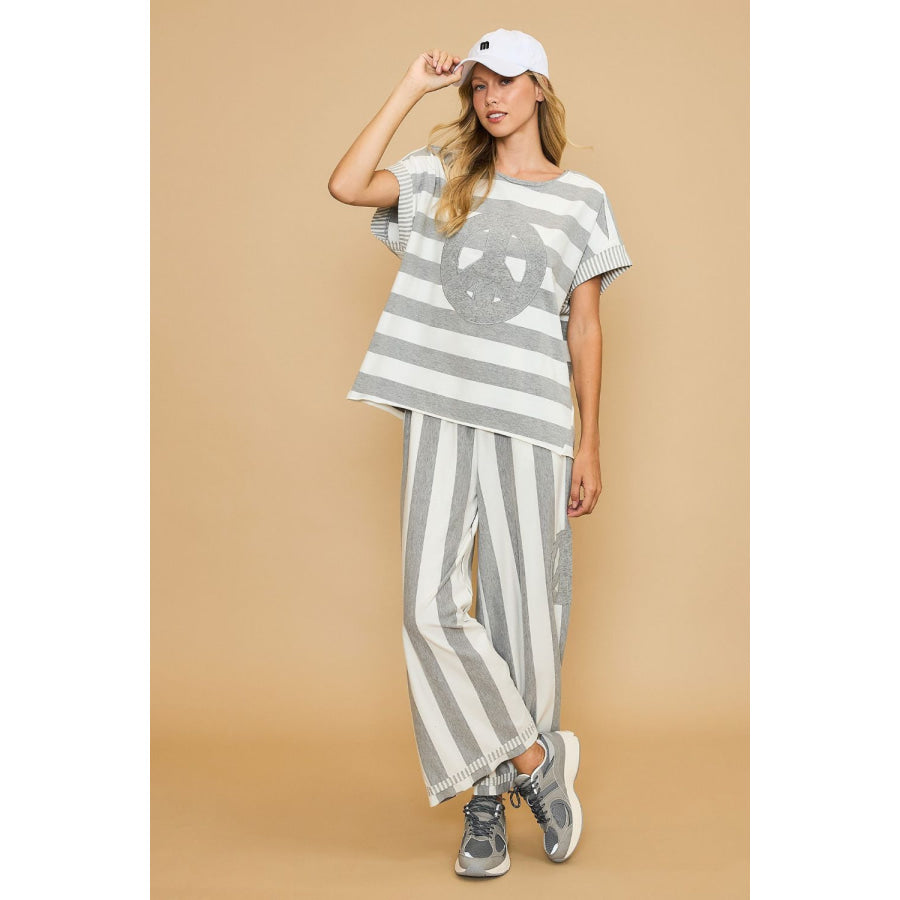 Umgee Peace Sign Patch Striped Wide Leg Pants Apparel and Accessories