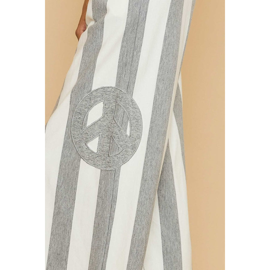 Umgee Peace Sign Patch Striped Wide Leg Pants Apparel and Accessories