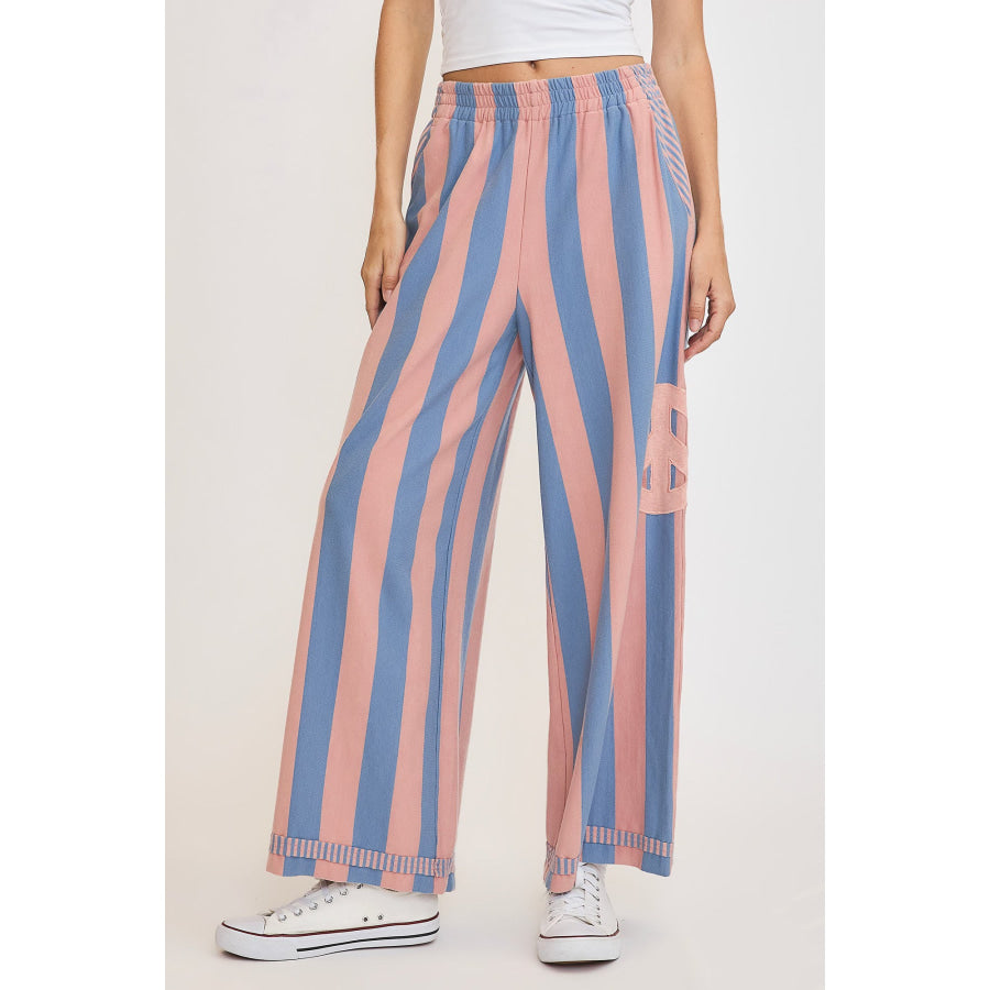 Umgee Peace Sign Patch Striped Wide Leg Pants DUSTY BLUE / S Apparel and Accessories