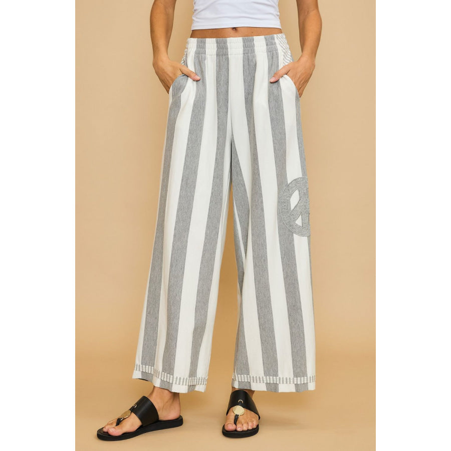 Umgee Peace Sign Patch Striped Wide Leg Pants Gray / S Apparel and Accessories