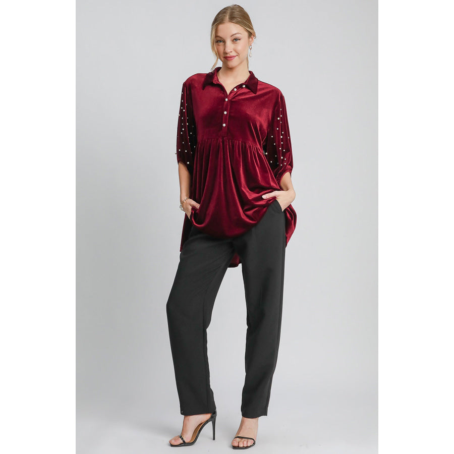 Umgee Pearl Detail Collared Neck Velvet Babydoll Blouse Apparel and Accessories