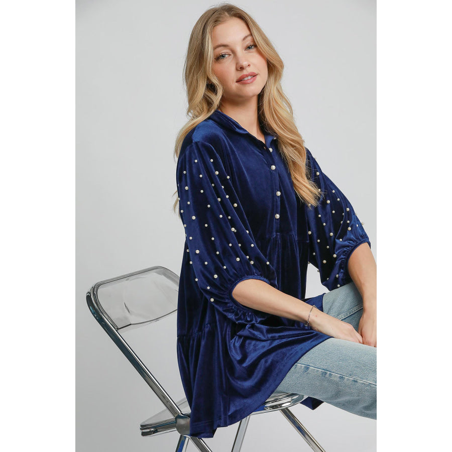 Umgee Pearl Detail Collared Neck Velvet Babydoll Blouse Apparel and Accessories