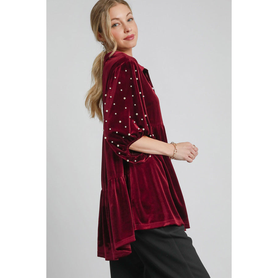 Umgee Pearl Detail Collared Neck Velvet Babydoll Blouse Apparel and Accessories