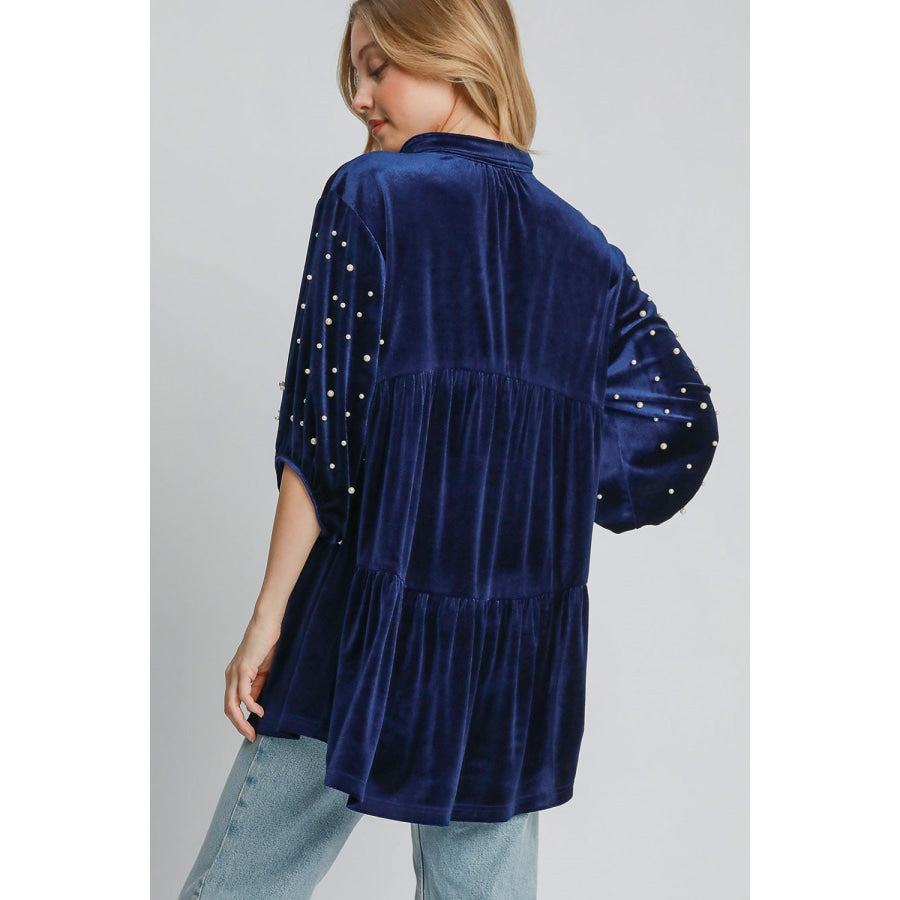 Umgee Pearl Detail Collared Neck Velvet Babydoll Blouse Navy / S Apparel and Accessories