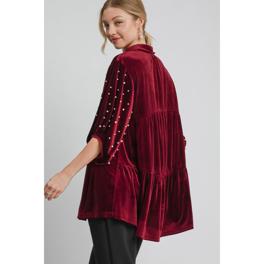 Umgee Pearl Detail Collared Neck Velvet Babydoll Blouse Apparel and Accessories