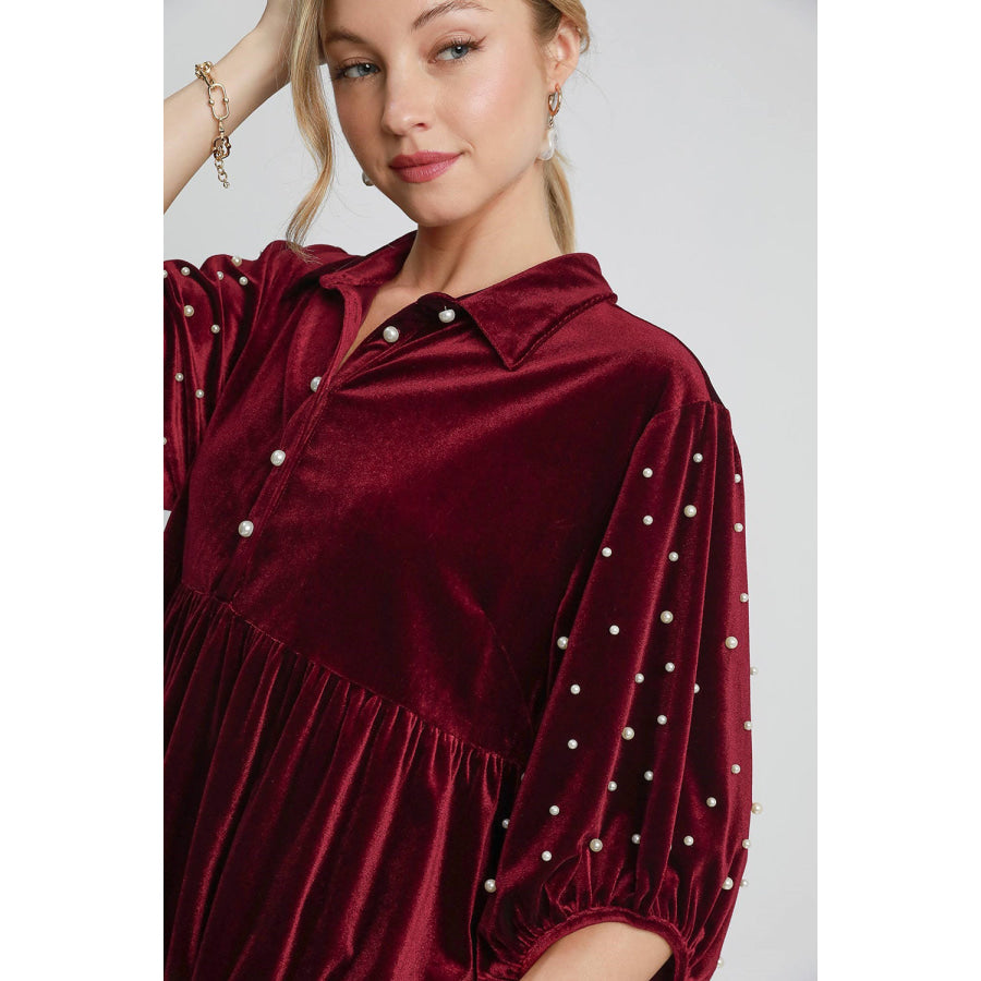 Umgee Pearl Detail Collared Neck Velvet Babydoll Blouse Apparel and Accessories