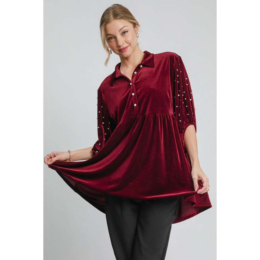 Umgee Pearl Detail Collared Neck Velvet Babydoll Blouse Burgundy / S Apparel and Accessories