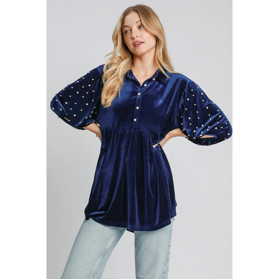 Umgee Pearl Detail Collared Neck Velvet Babydoll Blouse Navy / S Apparel and Accessories