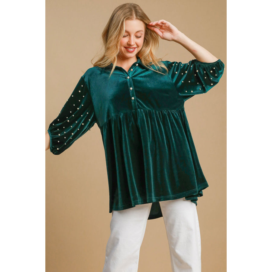 Umgee Pearl Detail Half Sleeve Velvet Babydoll Blouse Apparel and Accessories