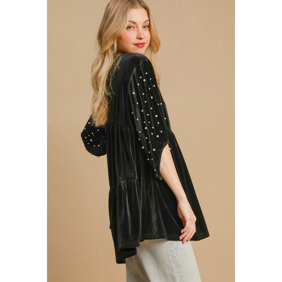 Umgee Pearl Detail Half Sleeve Velvet Babydoll Blouse Apparel and Accessories