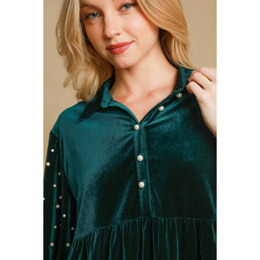 Umgee Pearl Detail Half Sleeve Velvet Babydoll Blouse Apparel and Accessories