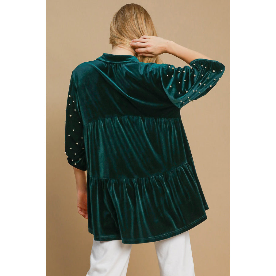 Umgee Pearl Detail Half Sleeve Velvet Babydoll Blouse Hunter Green / S Apparel and Accessories