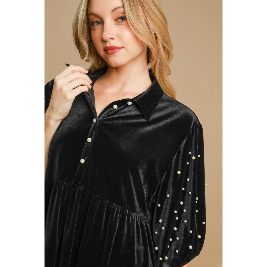 Umgee Pearl Detail Half Sleeve Velvet Babydoll Blouse Apparel and Accessories