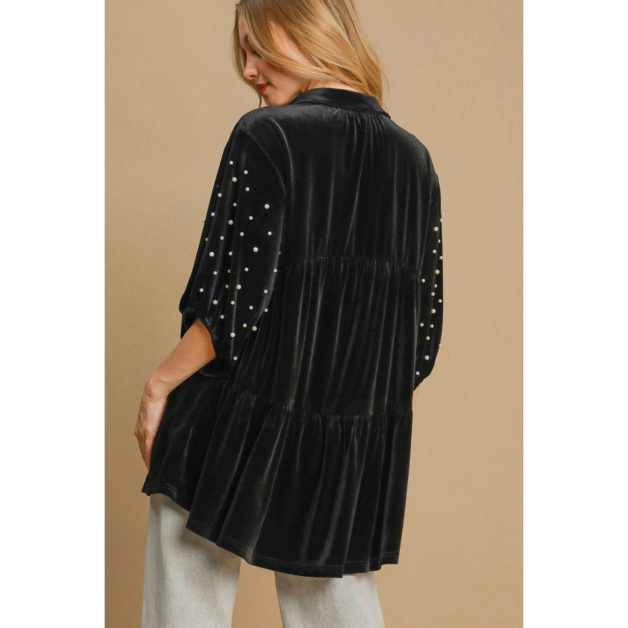 Umgee Pearl Detail Half Sleeve Velvet Babydoll Blouse Black / S Apparel and Accessories