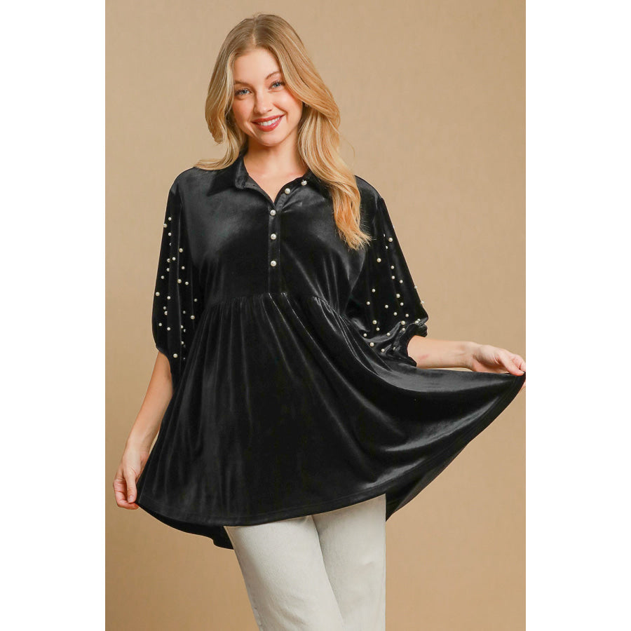 Umgee Pearl Detail Half Sleeve Velvet Babydoll Blouse Black / S Apparel and Accessories