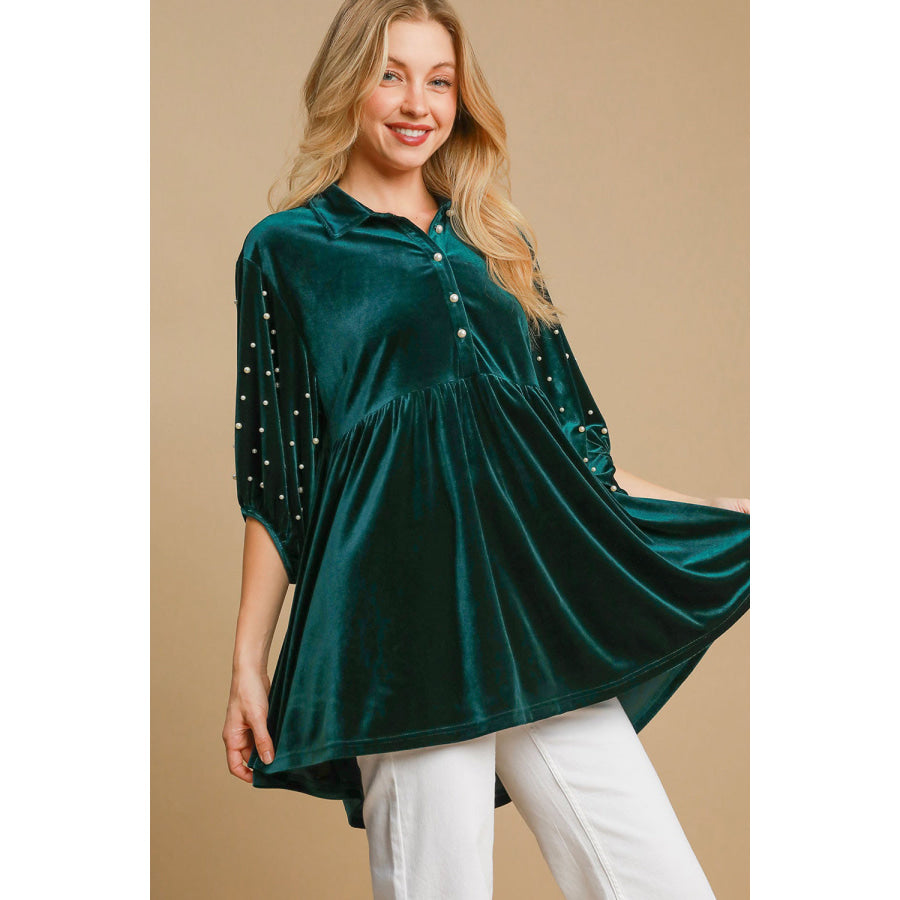 Umgee Pearl Detail Half Sleeve Velvet Babydoll Blouse Hunter Green / S Apparel and Accessories