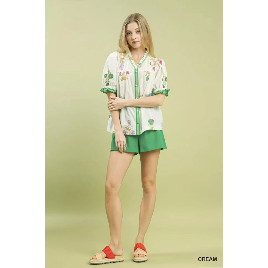 Umgee Petal Parade Print Button-Down Blouse Apparel and Accessories