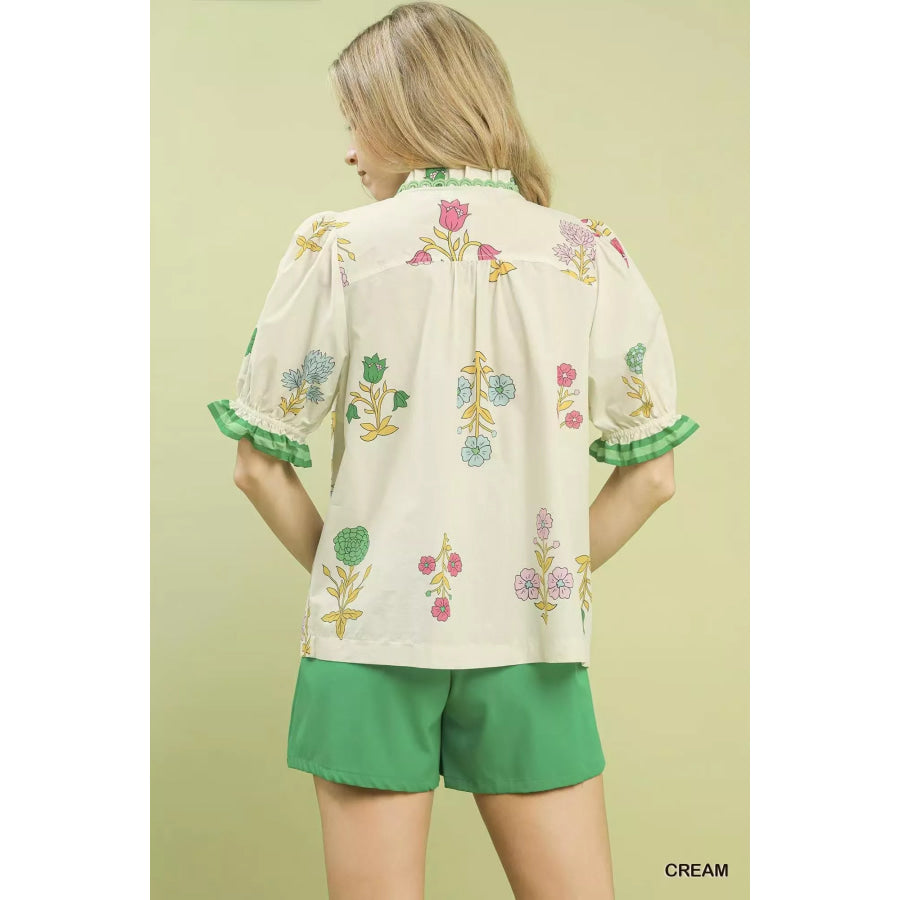 Umgee Petal Parade Print Button-Down Blouse Apparel and Accessories