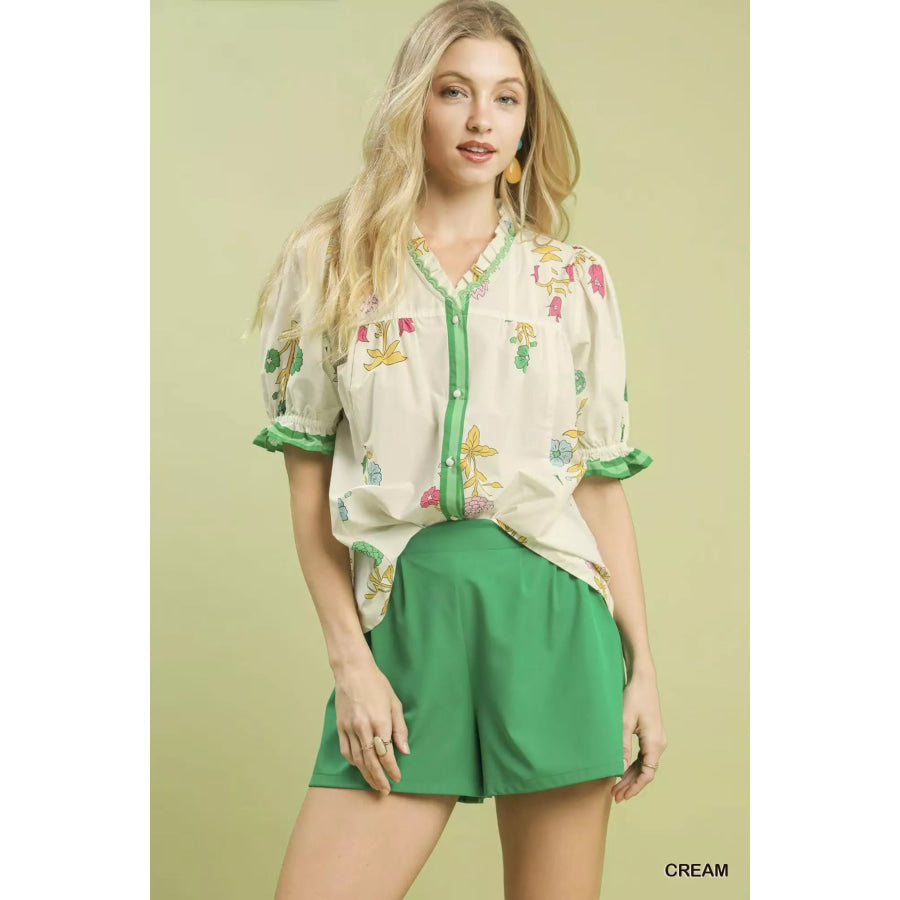 Umgee Petal Parade Print Button-Down Blouse CREAM / S Apparel and Accessories