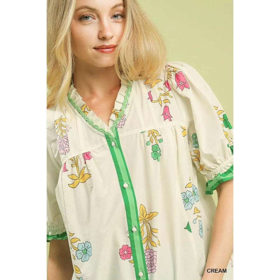 Umgee Petal Parade Print Button-Down Blouse Apparel and Accessories