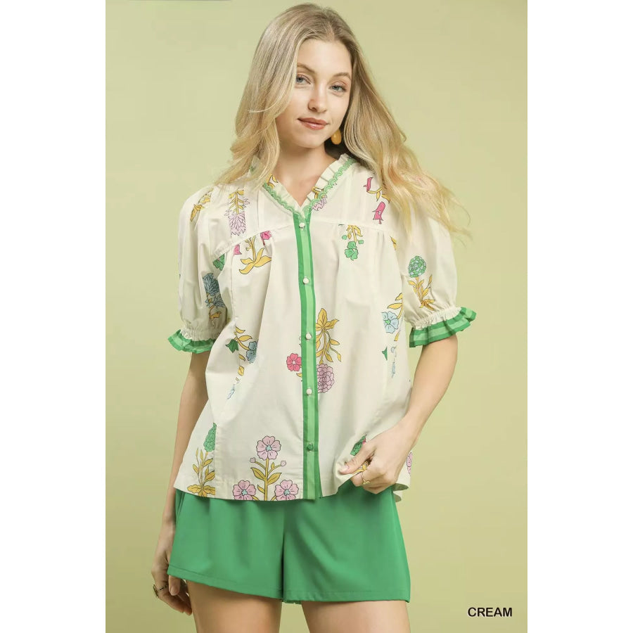 Umgee Petal Parade Print Button-Down Blouse CREAM / S Apparel and Accessories