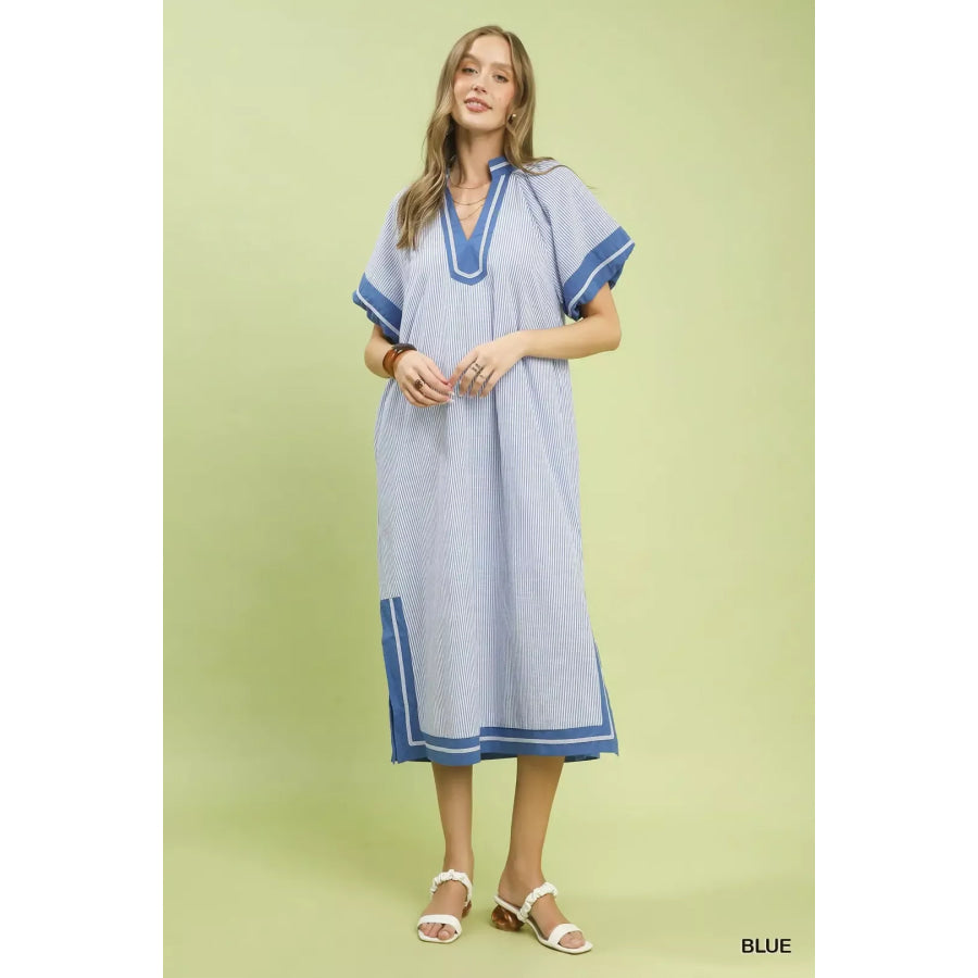 Umgee Pinstripe Contrast Trim Midi Dress Apparel and Accessories