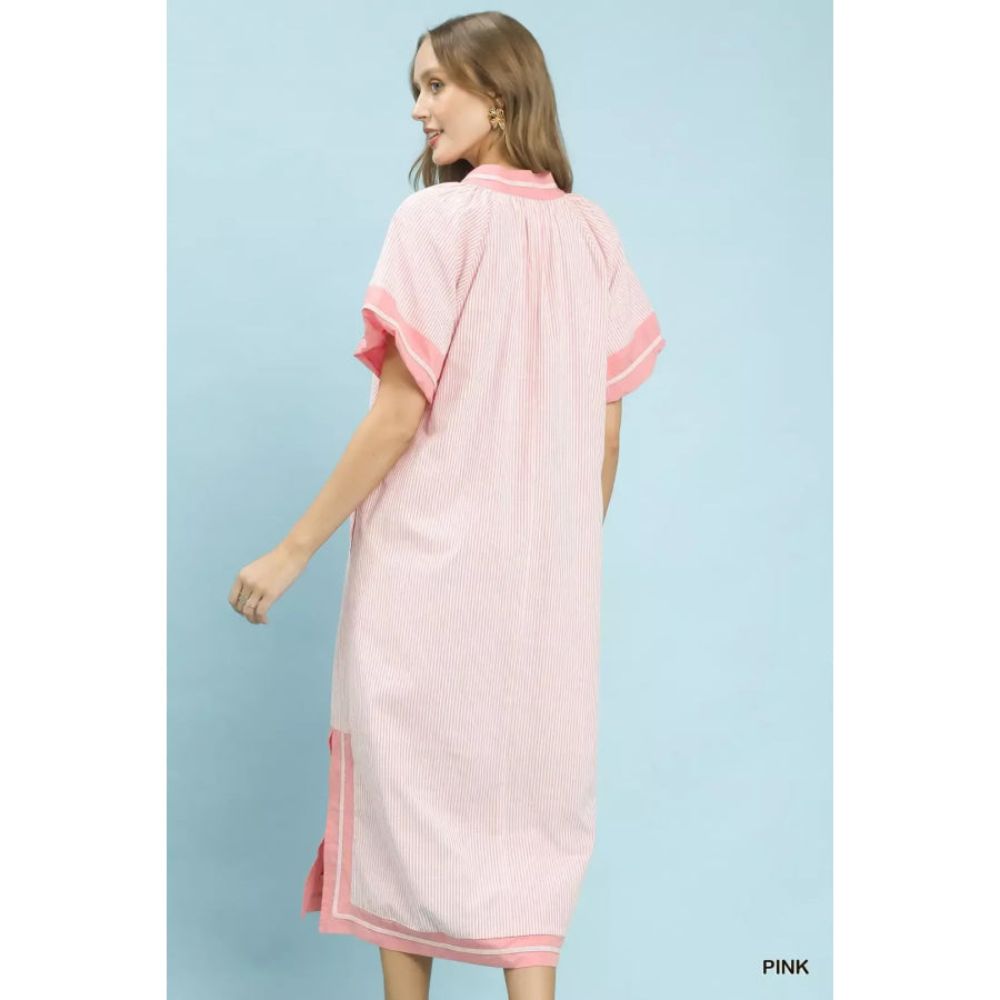 Umgee Pinstripe Contrast Trim Midi Dress Apparel and Accessories