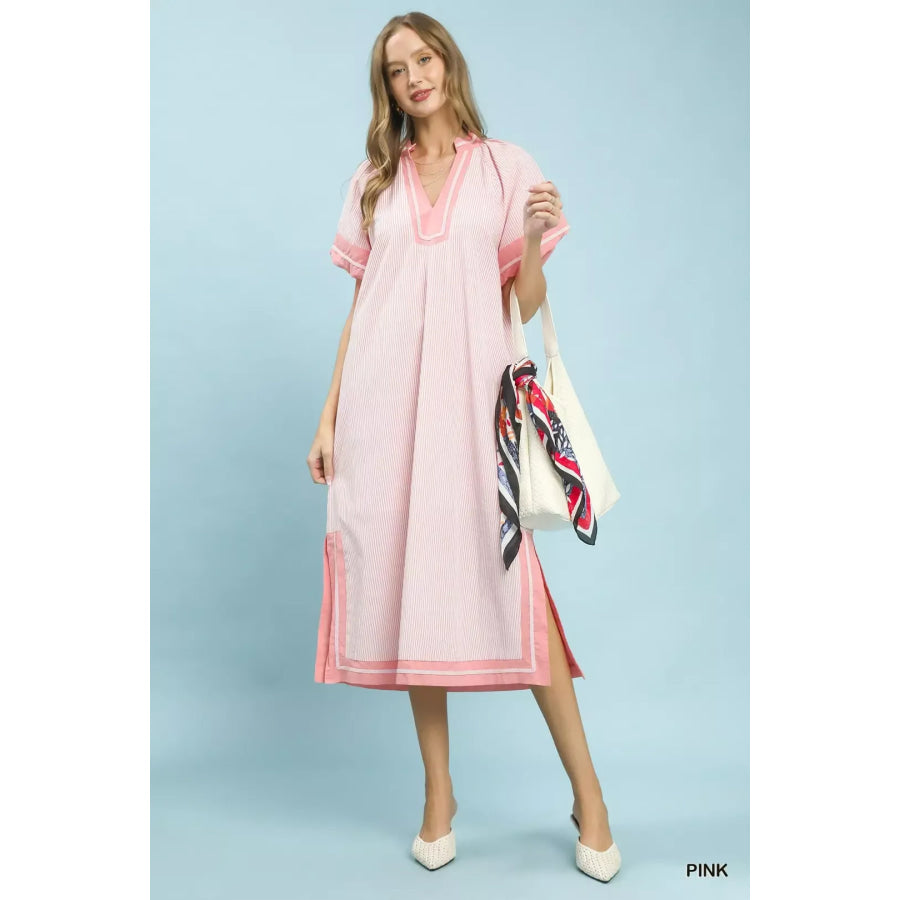 Umgee Pinstripe Contrast Trim Midi Dress Apparel and Accessories