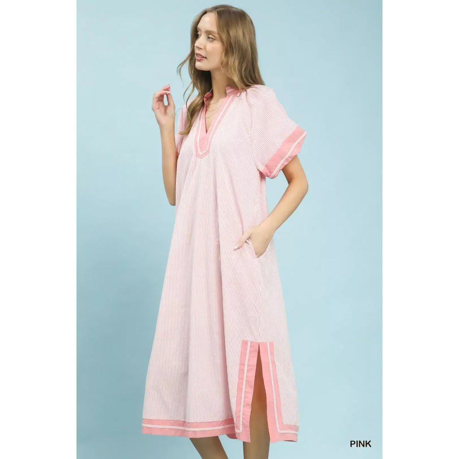 Umgee Pinstripe Contrast Trim Midi Dress PINK / S Apparel and Accessories