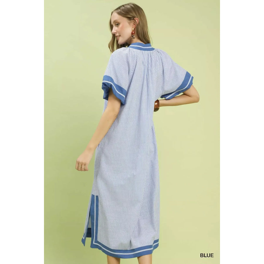 Umgee Pinstripe Contrast Trim Midi Dress Apparel and Accessories