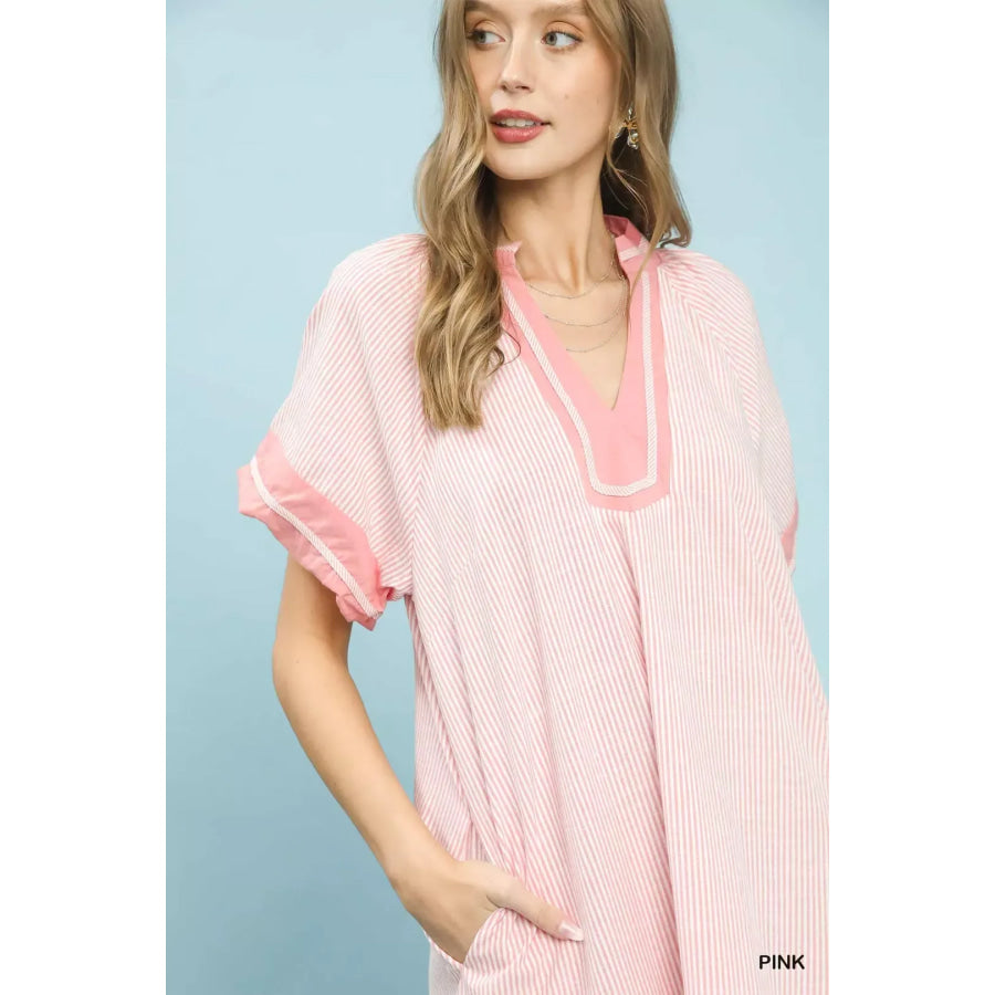 Umgee Pinstripe Contrast Trim Midi Dress Apparel and Accessories
