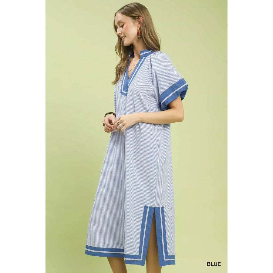 Umgee Pinstripe Contrast Trim Midi Dress Apparel and Accessories