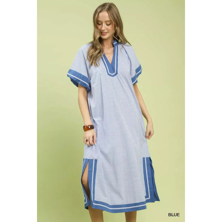 Umgee Pinstripe Contrast Trim Midi Dress BLUE / S Apparel and Accessories