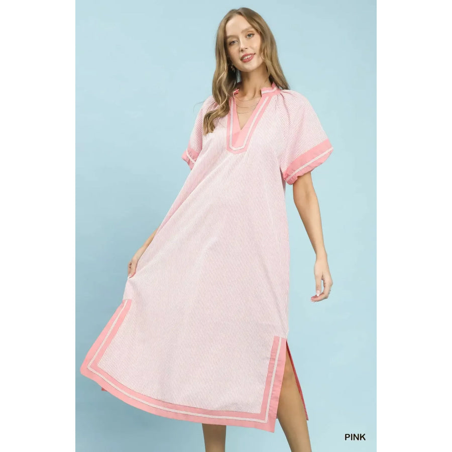 Umgee Pinstripe Contrast Trim Midi Dress PINK / S Apparel and Accessories