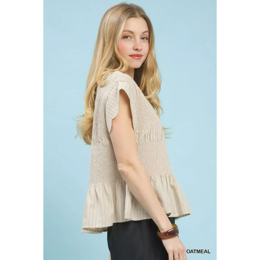 Umgee Pinstripe Smocked Peplum Top OATMEAL / S Apparel and Accessories